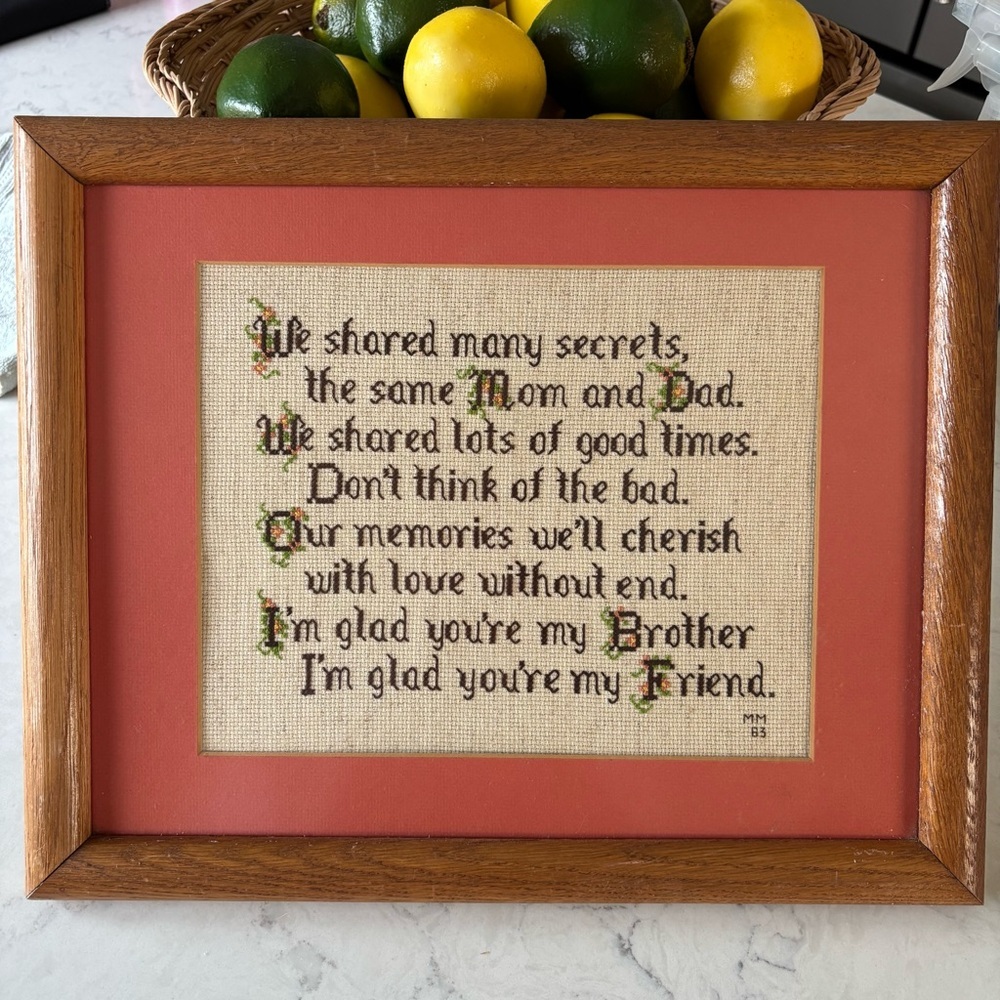 Brother Friendship Treasure Vintage Floral Cross stitch Needle point Framed Art